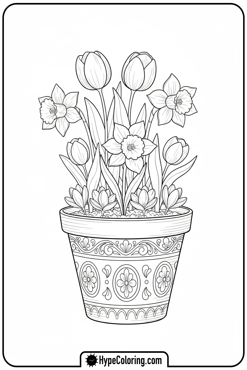 diverse-flowers-in-a-pot - coloring page flowers