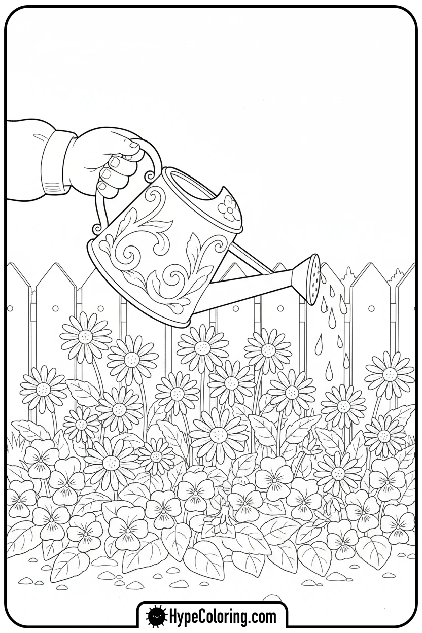 child-watering-garden-flowers - coloring page flowers
