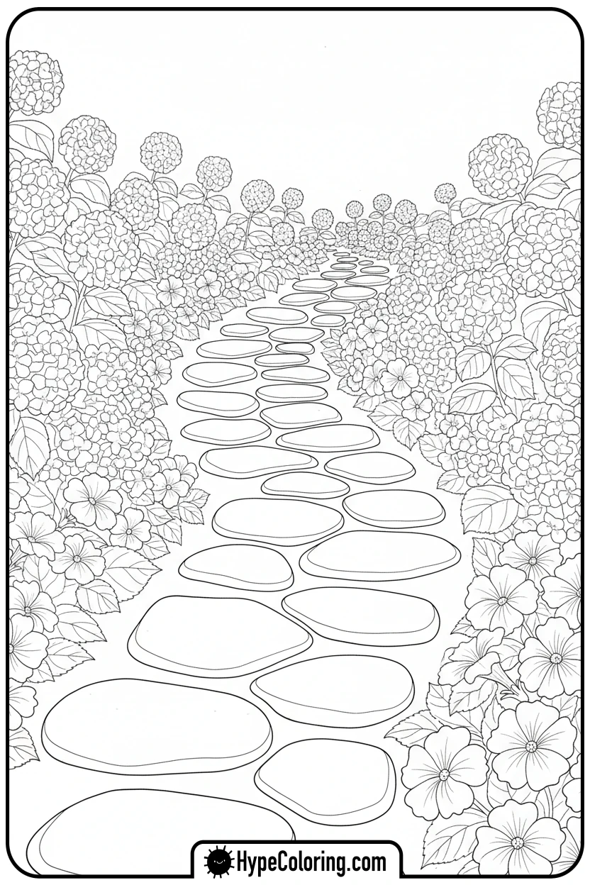 garden-path-with-flower-borders - coloring page flowers