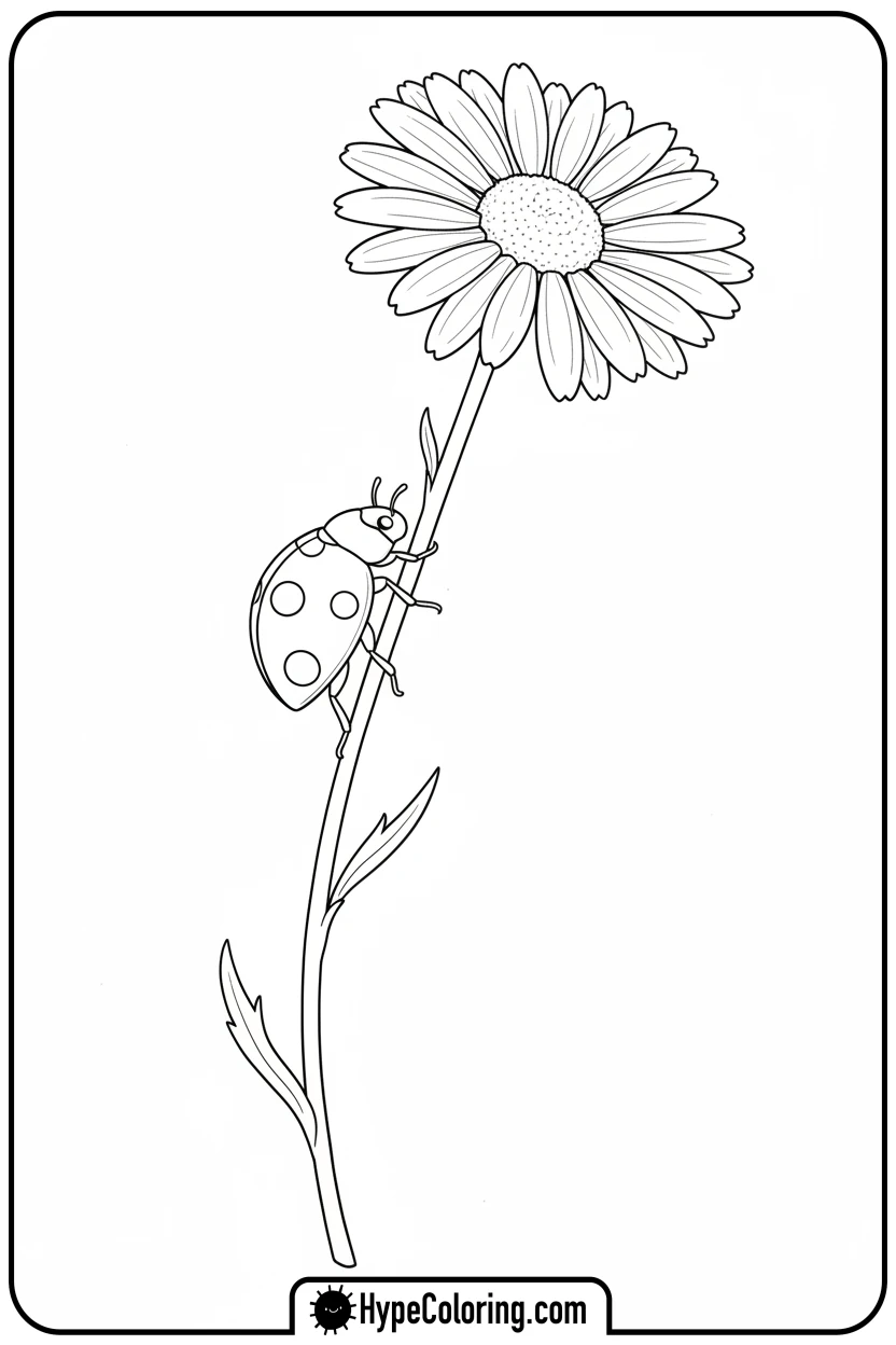 ladybug-climbing-daisy-stem - coloring page flowers