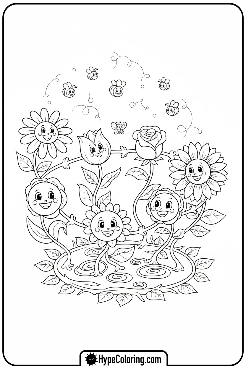 dancing-cartoon-flowers - coloring page flowers