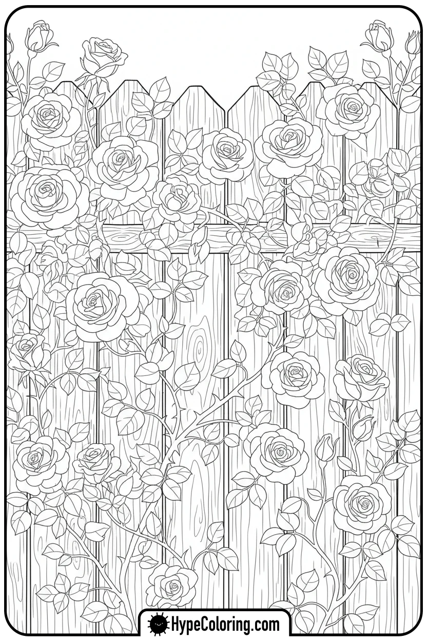 rose-covered-wooden-fence - coloring page flowers