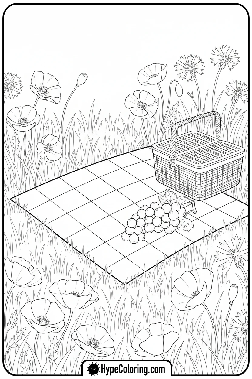 picnic-blanket-among-flowers - coloring page flowers