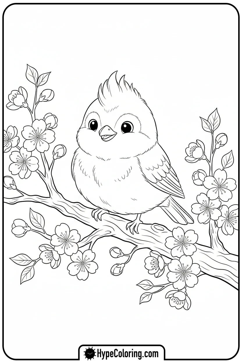 bird-in-cherry-blossoms - coloring page flowers
