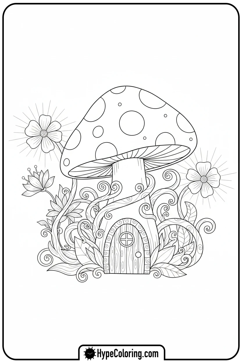 fantasy-mushroom-and-glowing-flowers - coloring page flowers