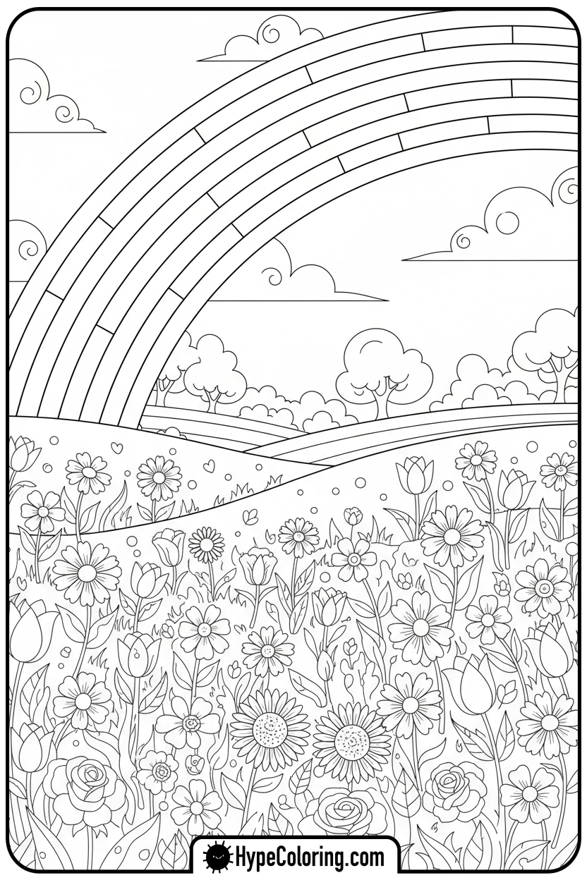 rainbow-over-flower-filled-meadow - coloring page flowers