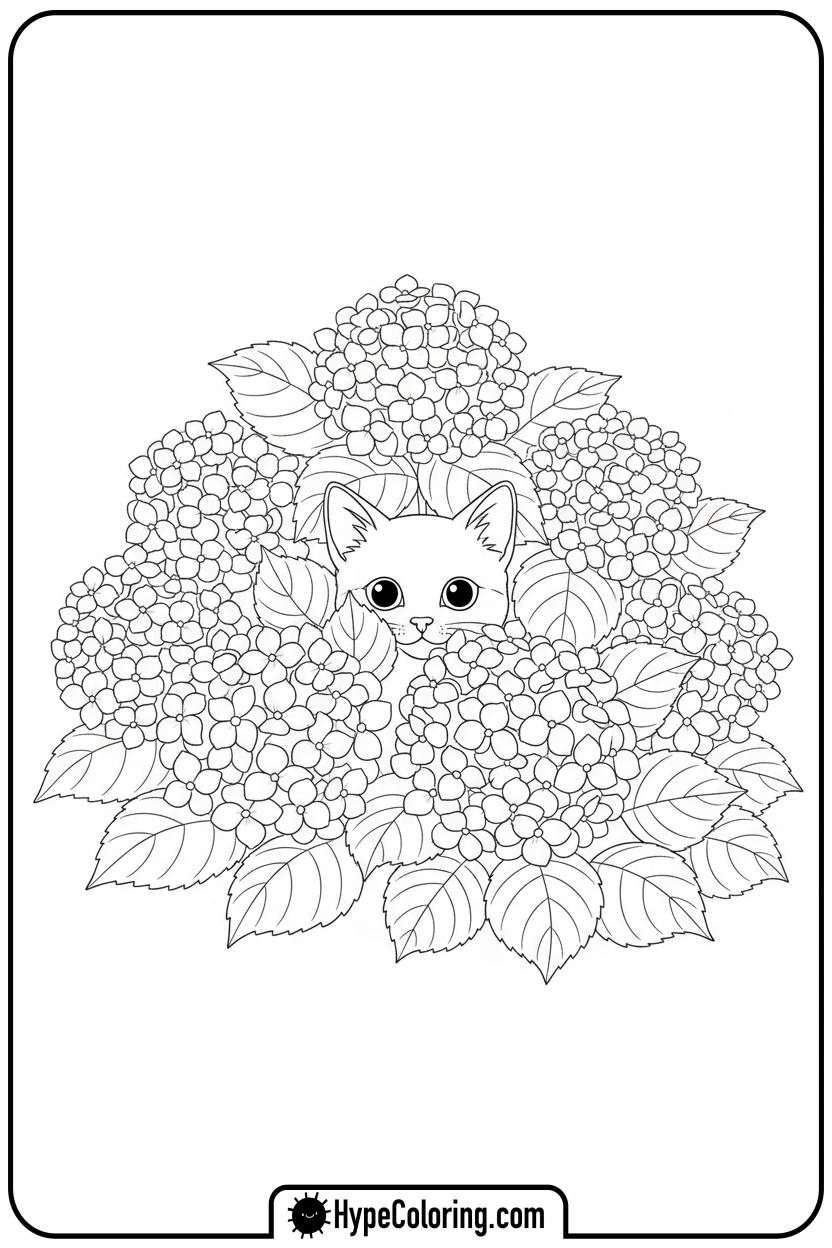 kitten-peeking-from-hydrangeas - coloring page flowers