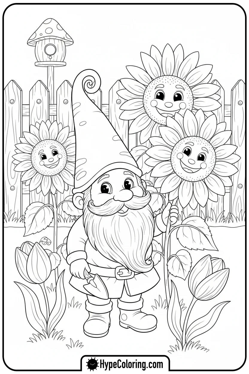 gnome-tending-a-flower-garden - coloring page flowers