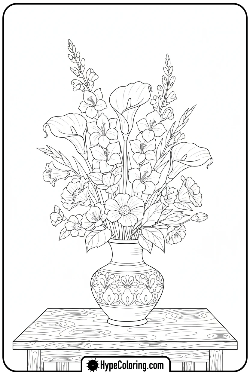 flowers-arranged-in-a-vase - coloring page flowers