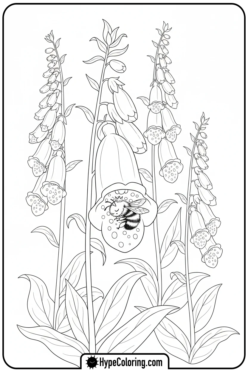 sleeping-bee-in-foxglove-flower - coloring page flowers