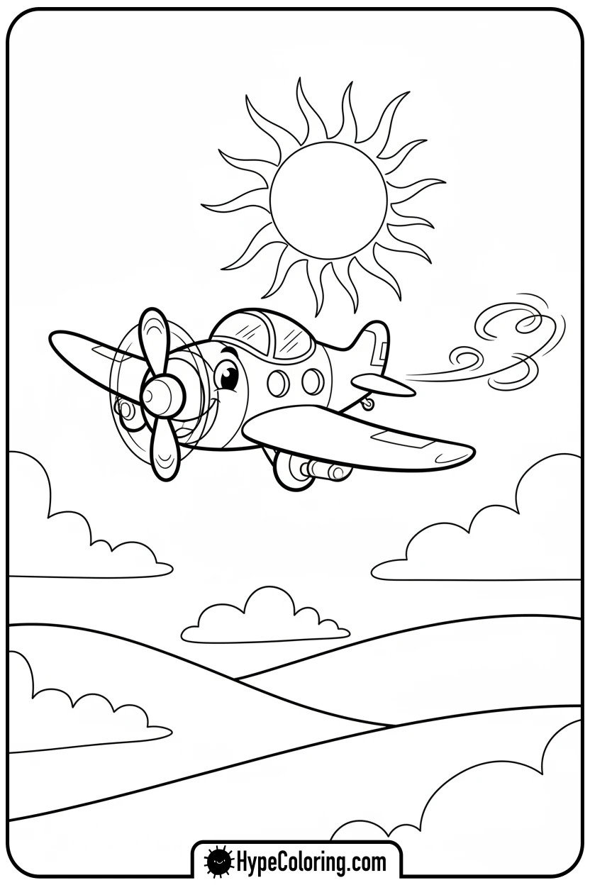 propeller-plane-flying-in-sun - coloring page of an airplane