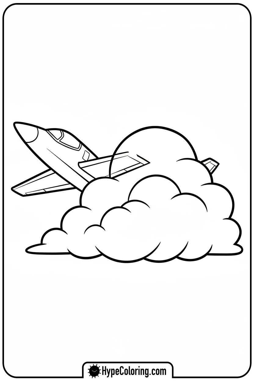 jet-plane-peeking-from-cloud - coloring page of an airplane