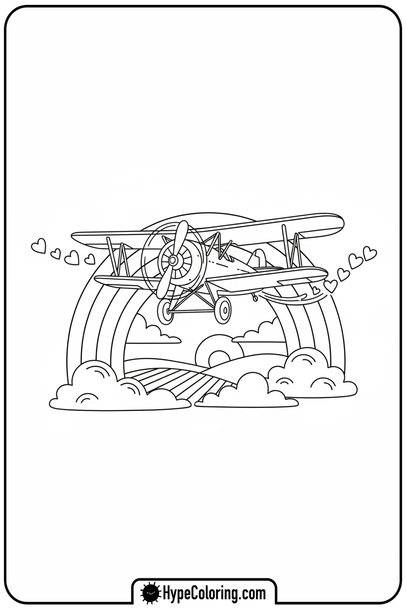 biplane-flying-through-rainbow - coloring page of an airplane