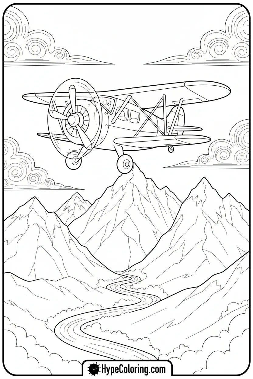 airplane-over-mountains-and-river - coloring page of an airplane