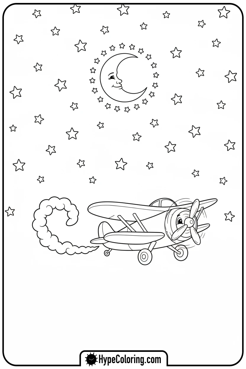 airplane-under-starry-moonlit-sky - coloring page of an airplane
