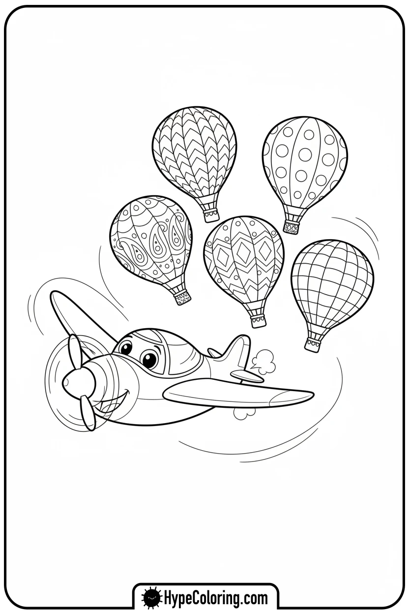 airplane-flying-with-hot-air-balloons - coloring page of an airplane