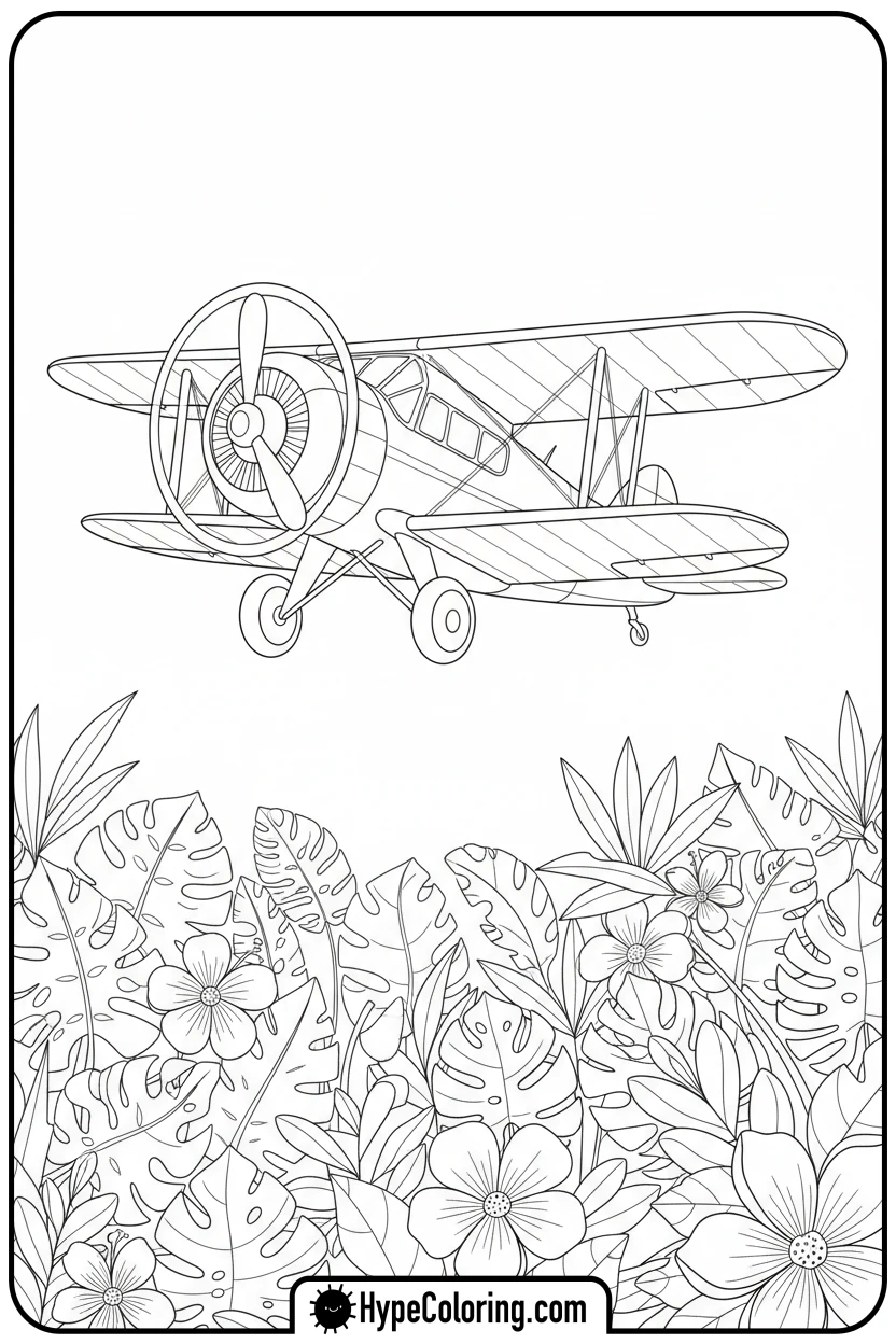 vintage-airplane-over-jungle - coloring page of an airplane