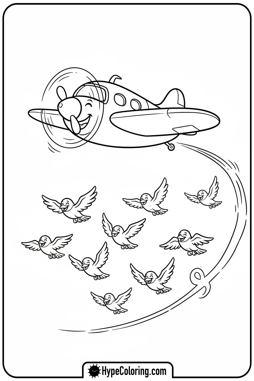 airplane-flying-with-birds - coloring page of an airplane