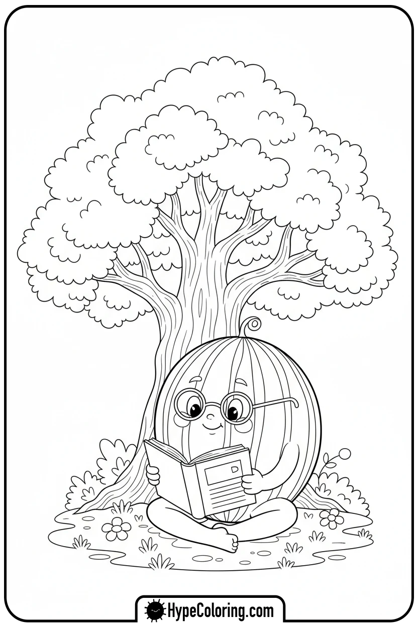watermelon-reading-under-tree - watermelon coloring page