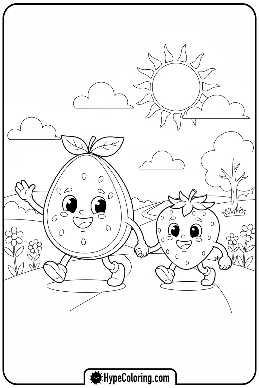 watermelon-and-strawberry-friends - watermelon coloring page