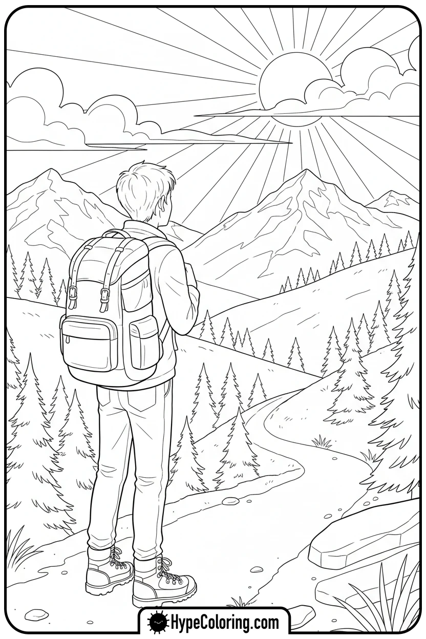 teen-hiking-mountain-trail - teen coloring pages