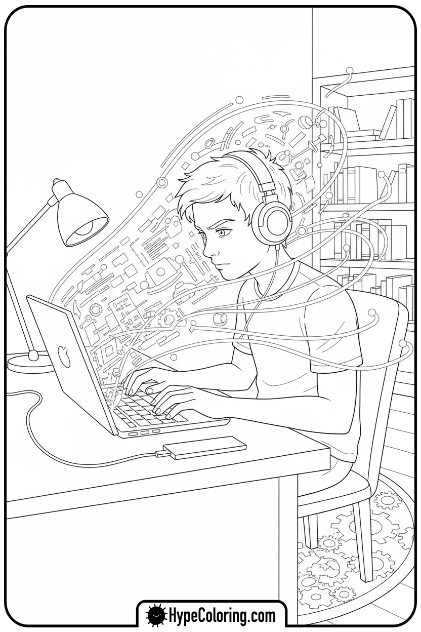 teen-coding-on-laptop - teen coloring pages