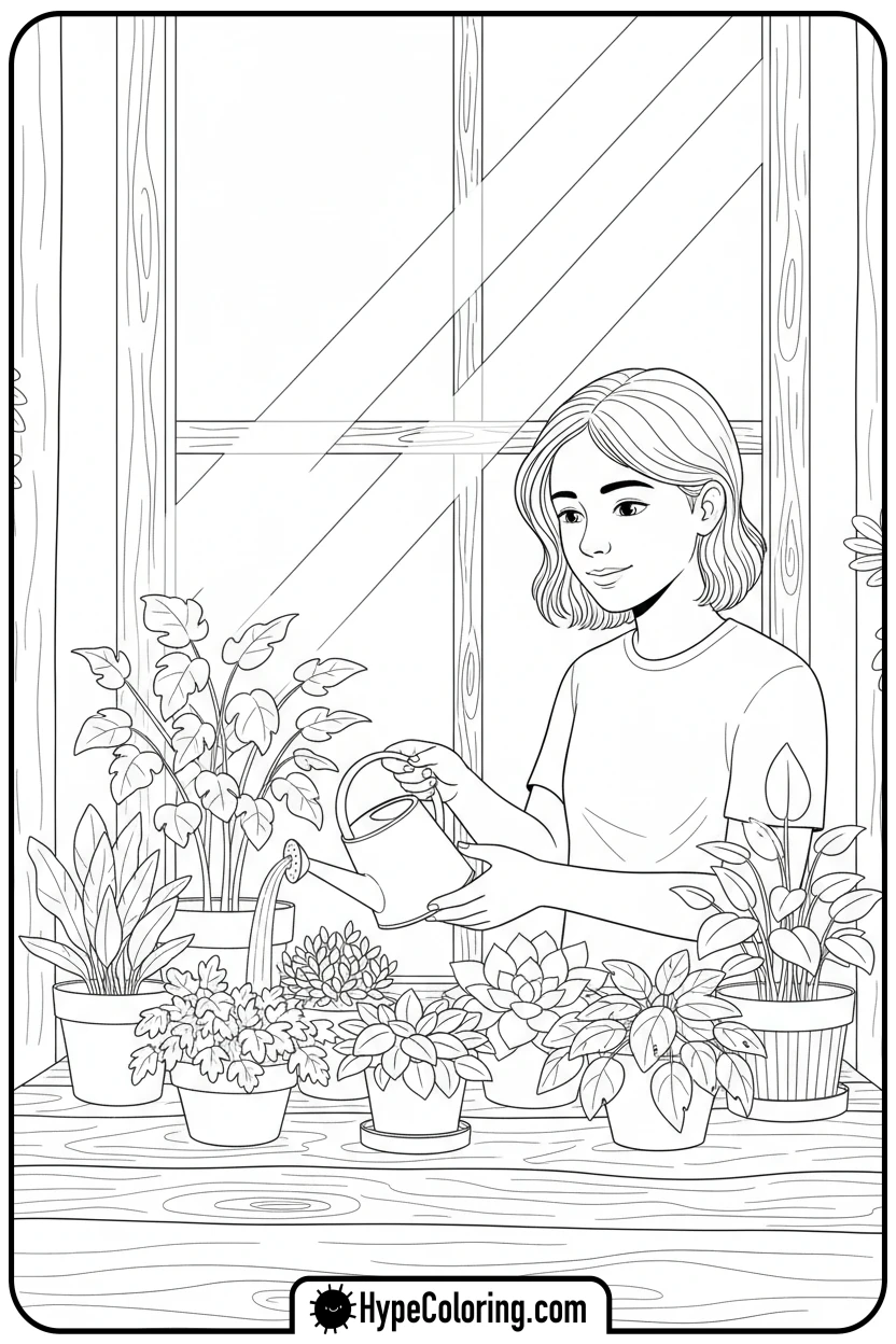 teen-watering-potted-plants - teen coloring pages