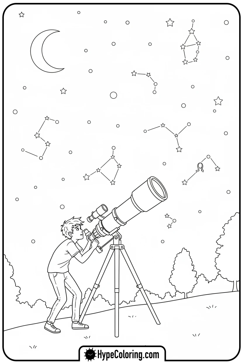 teen-stargazing-with-telescope - teen coloring pages