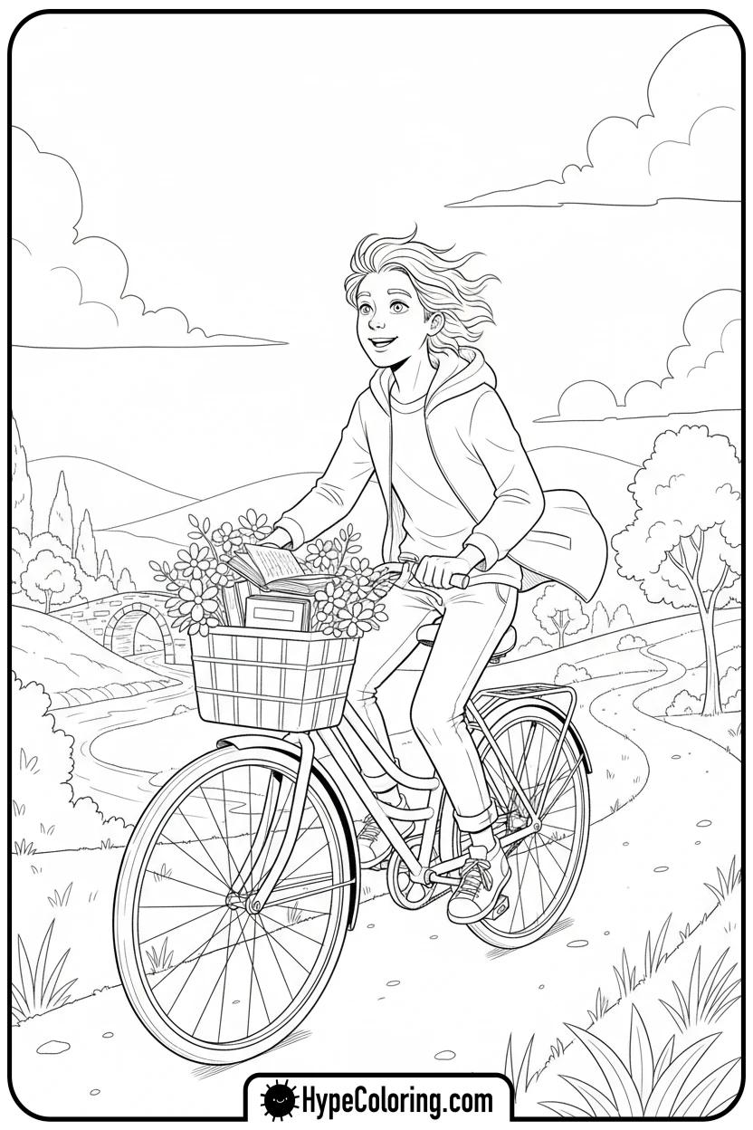 teen-riding-bicycle-with-basket - teen coloring pages
