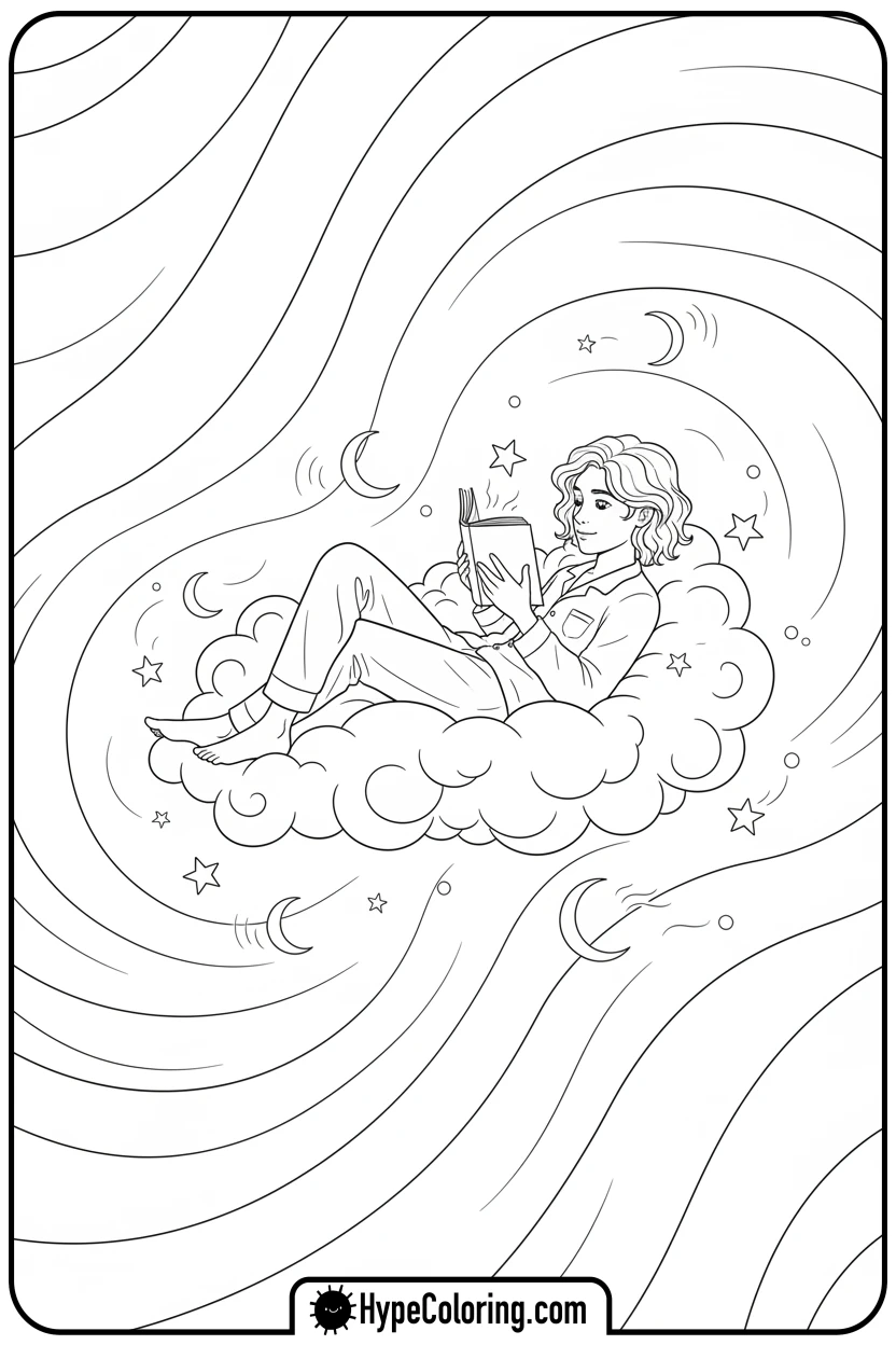 teen-floating-on-cloud-reading - teen coloring pages
