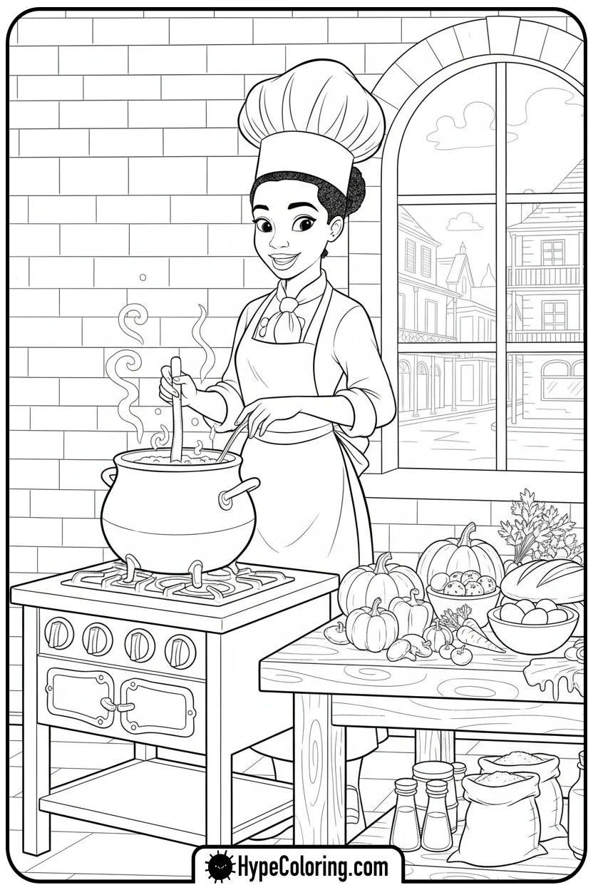 Click to download PDF tiana-cooking-in-a-chef-s-hat - tiana coloring pages