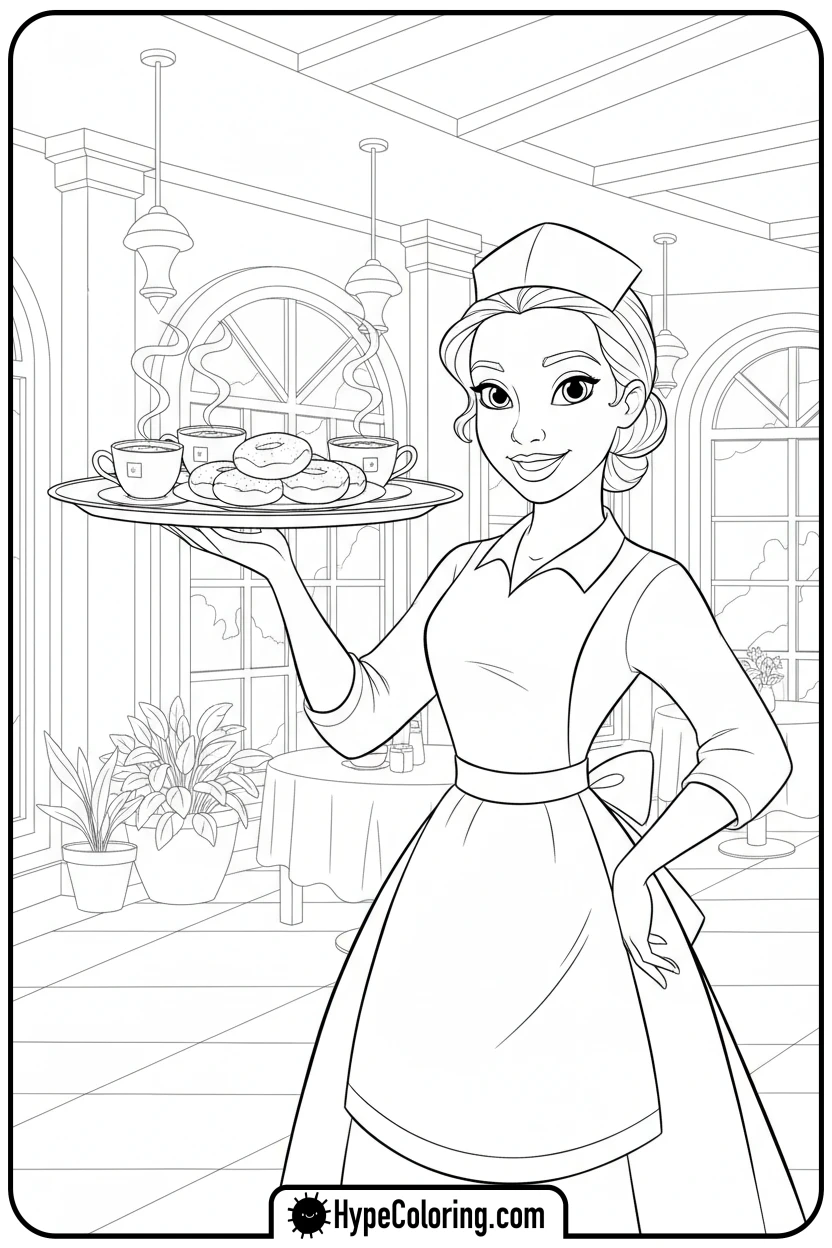 Click to download PDF tiana-serving-beignets-on-a-tray - tiana coloring pages