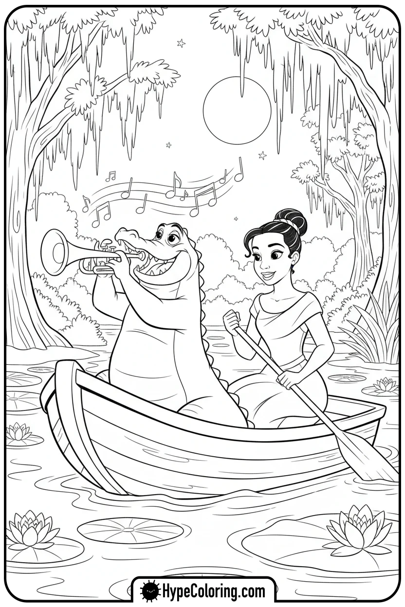 Click to download PDF tiana-and-louis-in-bayou-boat - tiana coloring pages