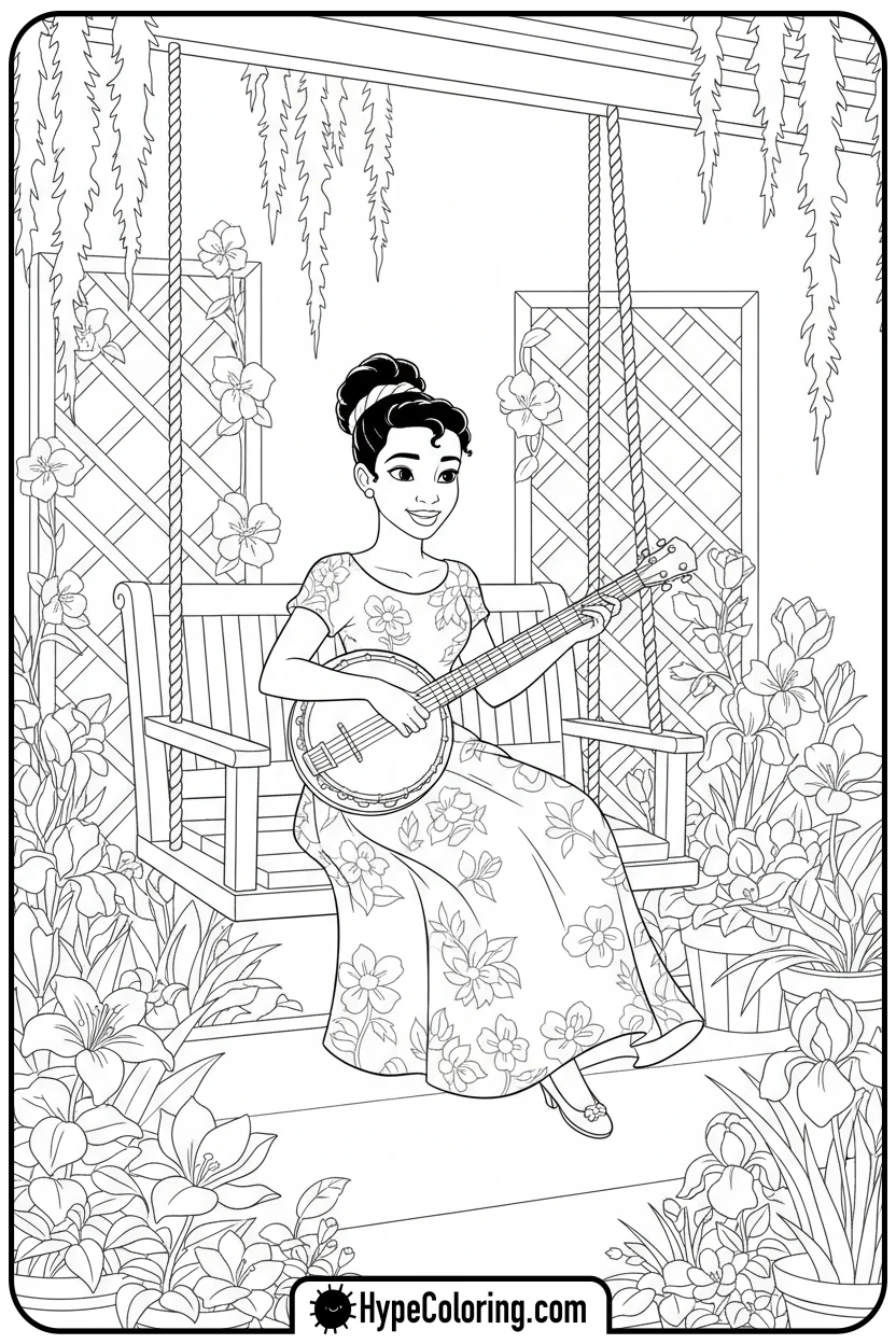 Click to download PDF tiana-playing-a-banjo - tiana coloring pages