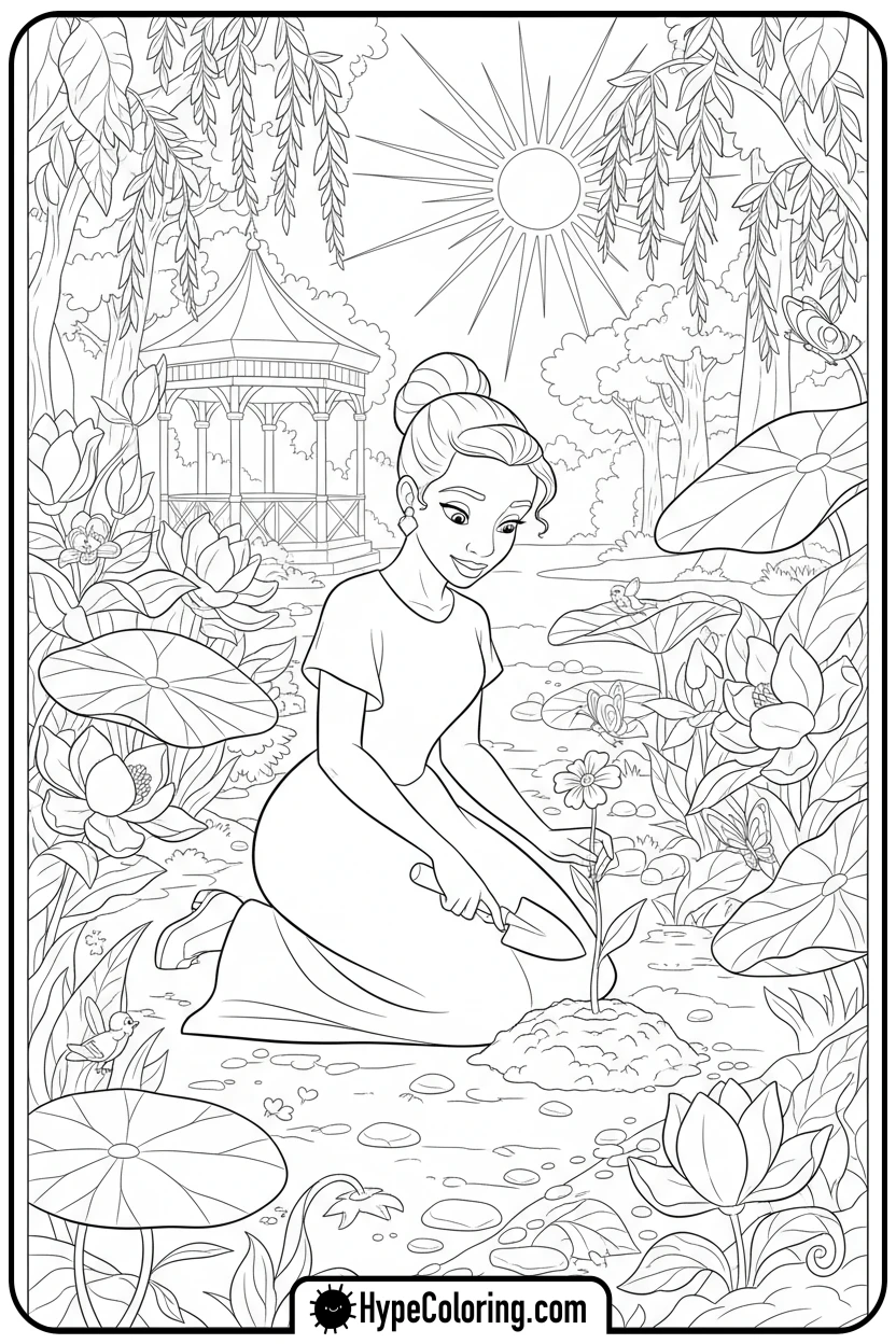 Click to download PDF tiana-planting-flowers - tiana coloring pages