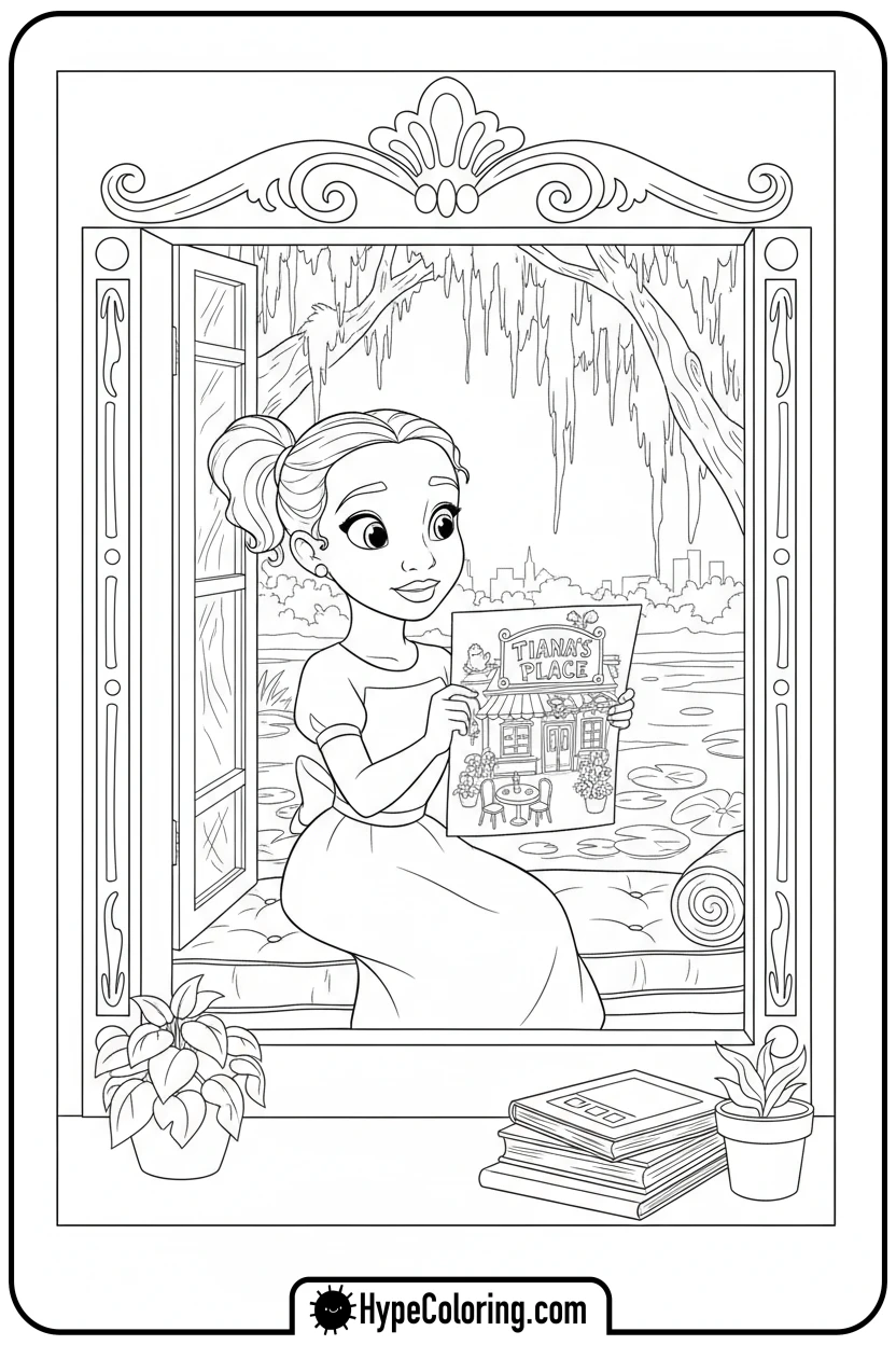 Click to download PDF young-tiana-dreaming-by-window - tiana coloring pages