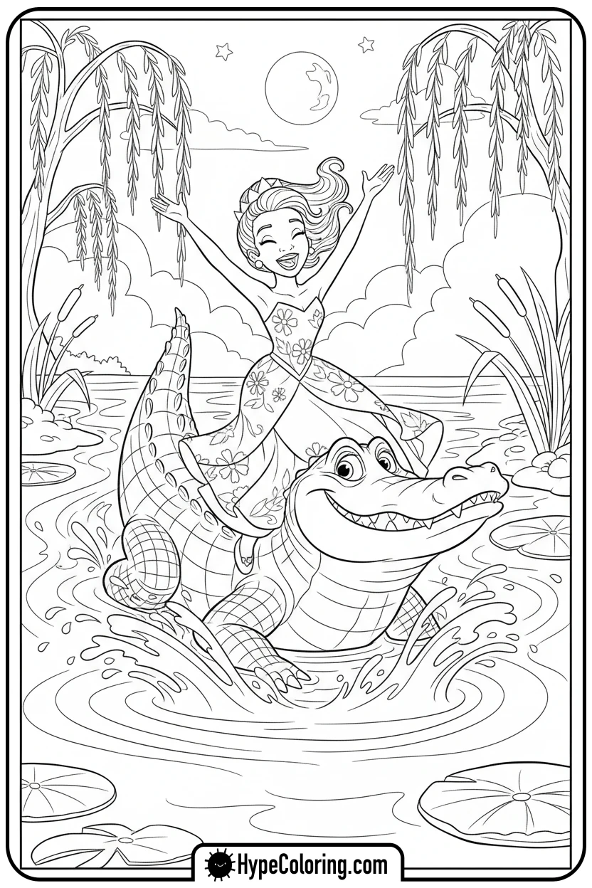Click to download PDF tiana-riding-louis-in-bayou - tiana coloring pages
