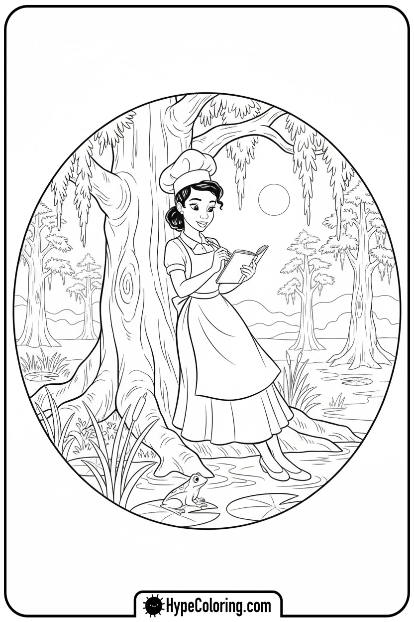 Click to download PDF tiana-sketching-in-bayou - tiana coloring pages