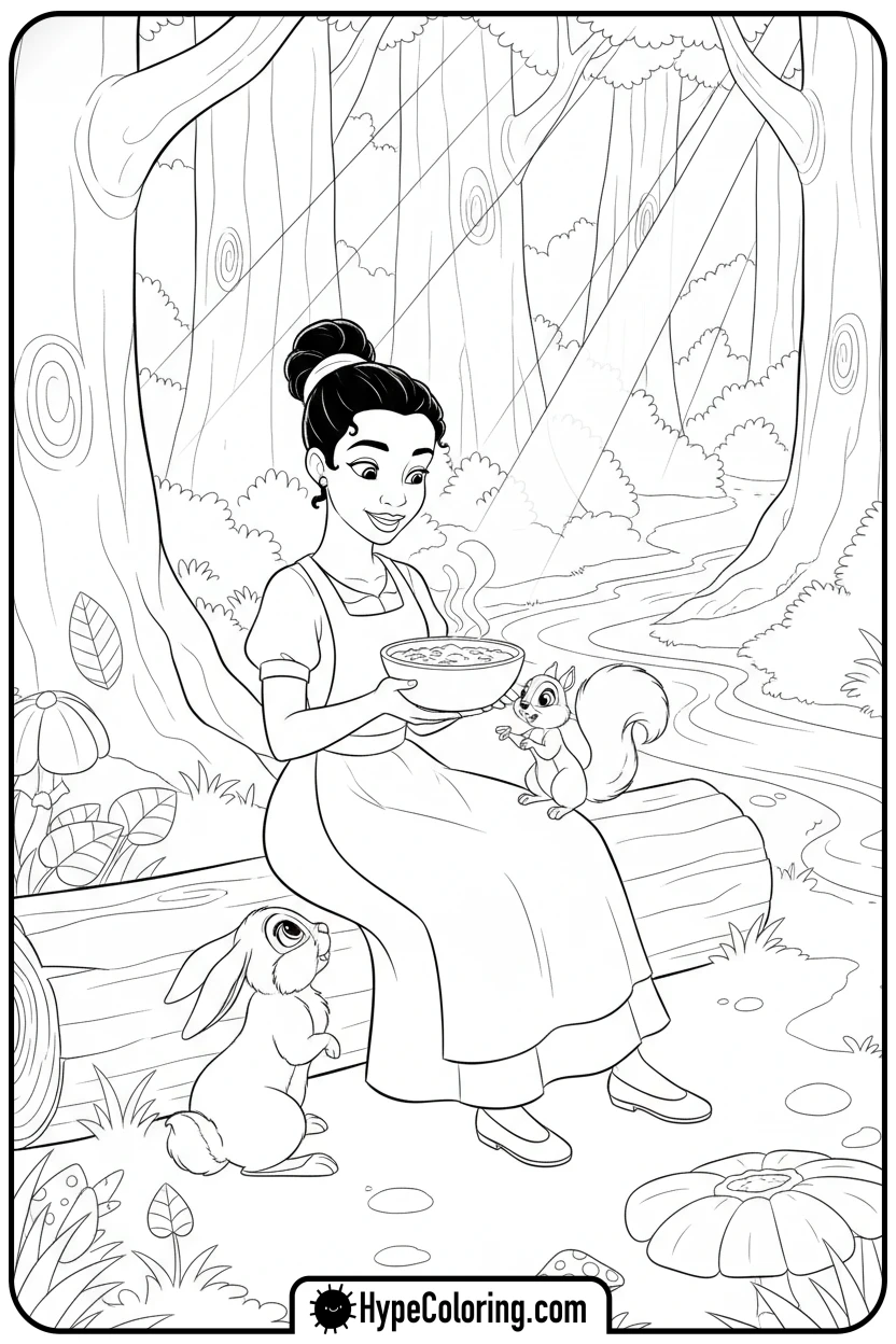 Click to download PDF tiana-feeding-forest-animals - tiana coloring pages