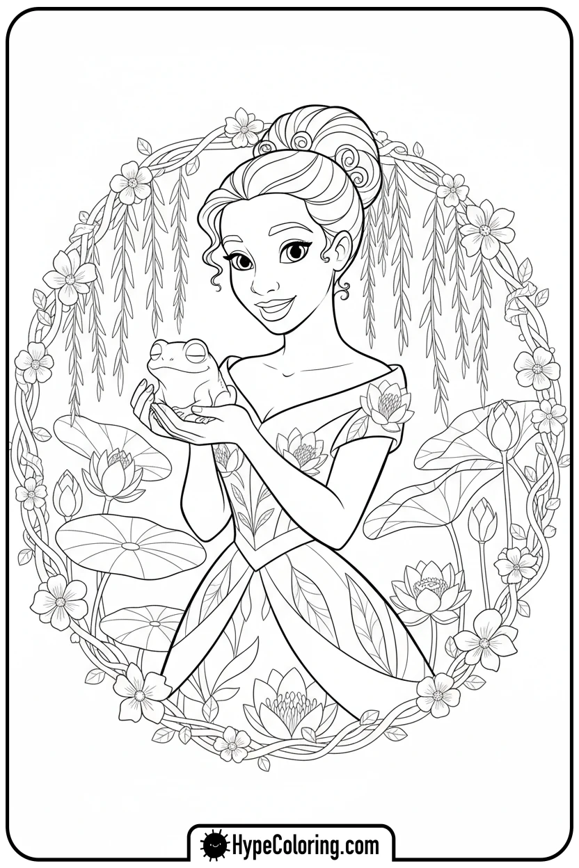 Click to download PDF tiana-holding-a-sleeping-frog - tiana coloring pages