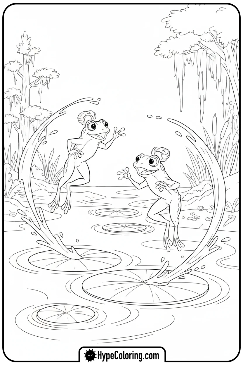 Click to download PDF frog-tiana-and-naveen-leaping - tiana coloring pages