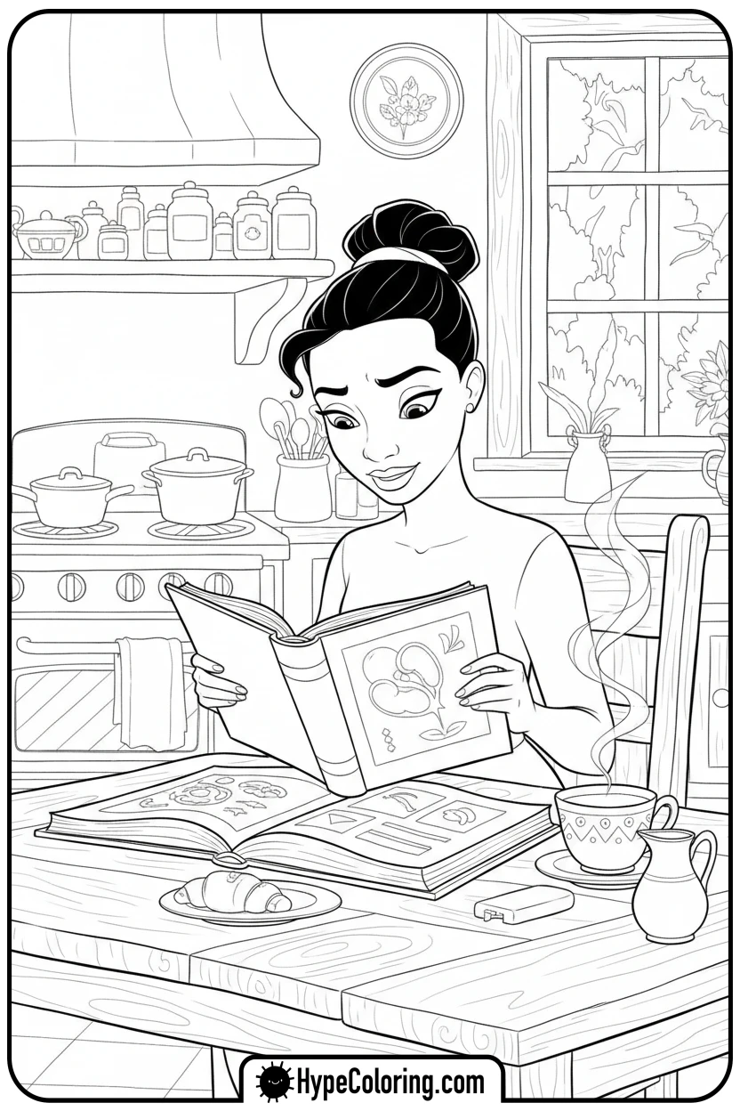 Click to download PDF tiana-reading-a-cookbook - tiana coloring pages
