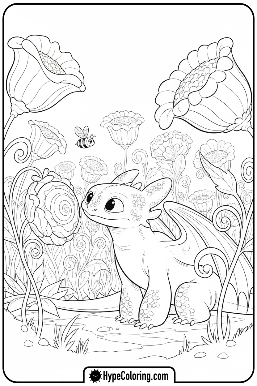 toothless-exploring-flowers - toothless coloring pages