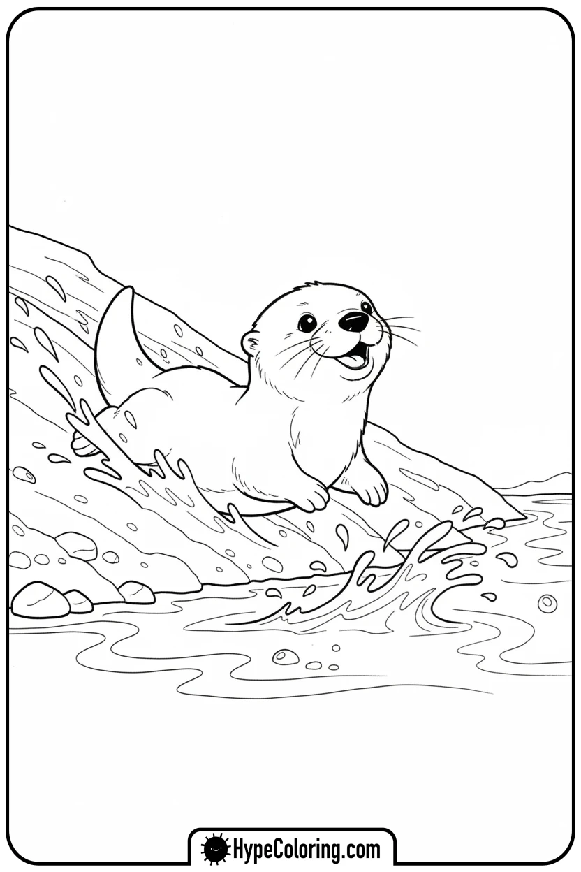 otter-pup-sliding-down-bank - adorable animal coloring pages