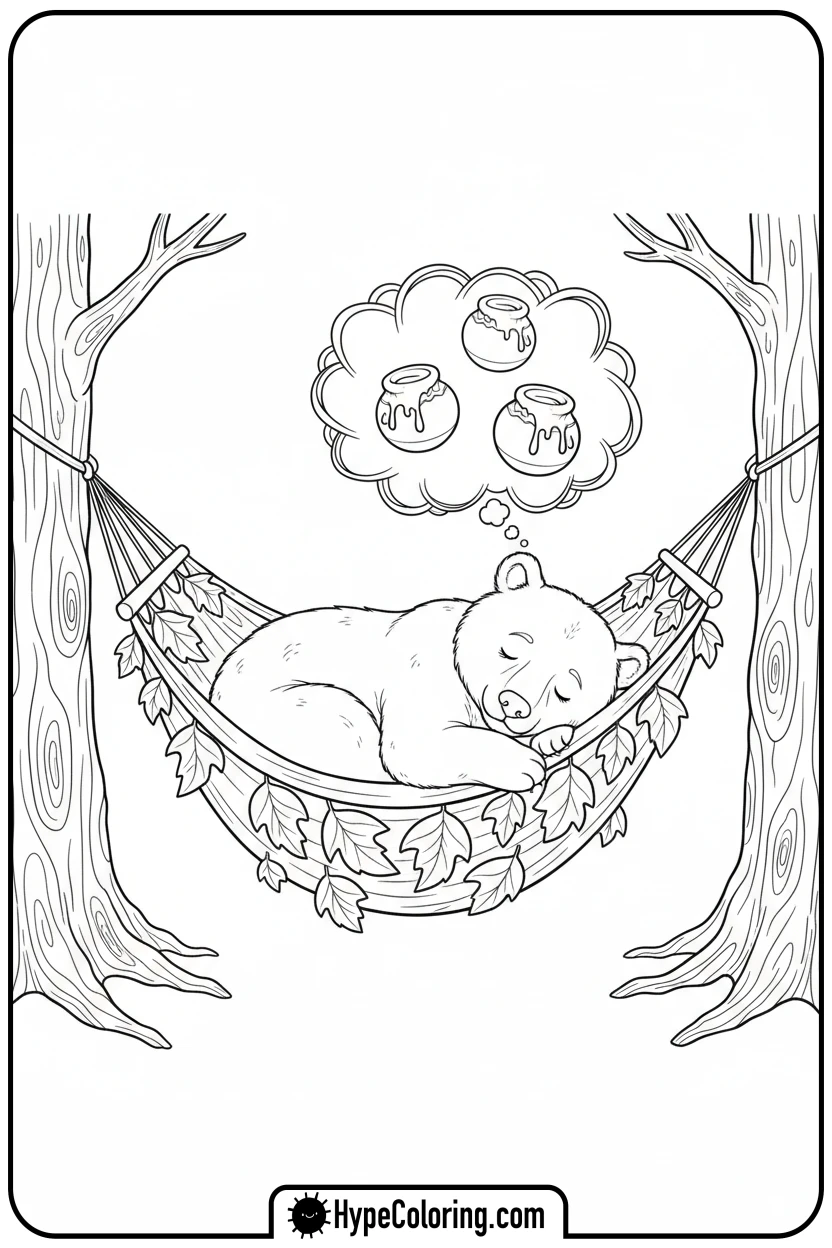 bear-cub-sleeping-in-hammock - adorable animal coloring pages