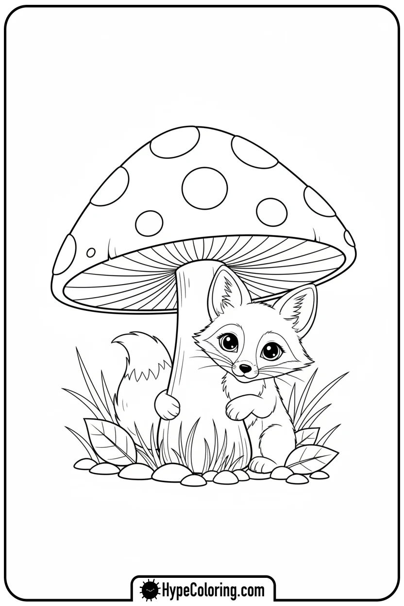 fox-kit-peeking-from-mushroom - adorable animal coloring pages