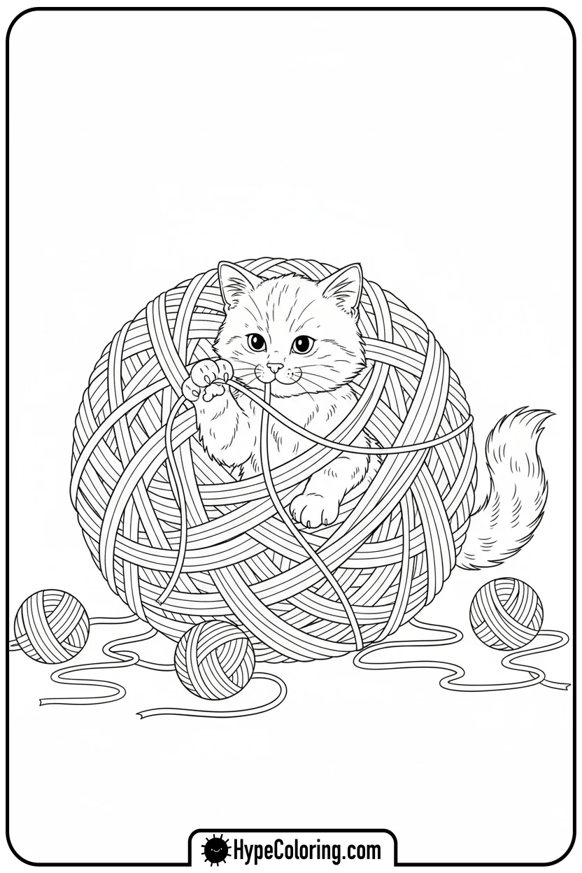 kitten-tangled-in-yarn - adorable animal coloring pages