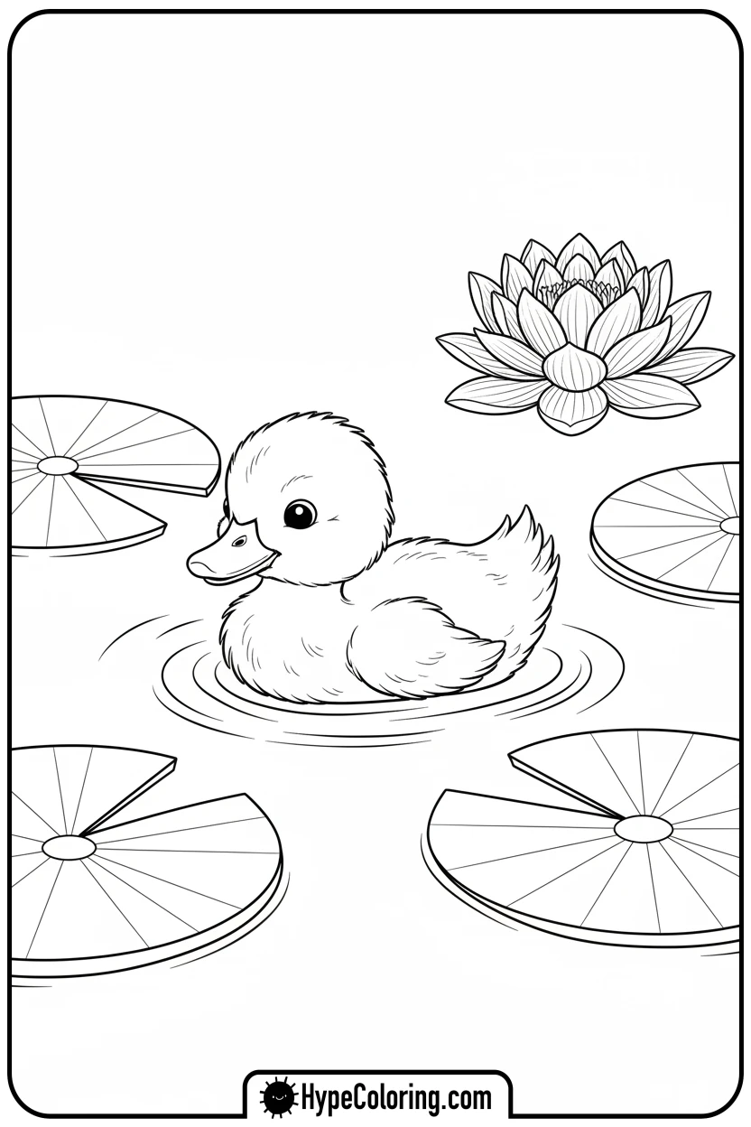 duckling-on-lily-pads - adorable animal coloring pages