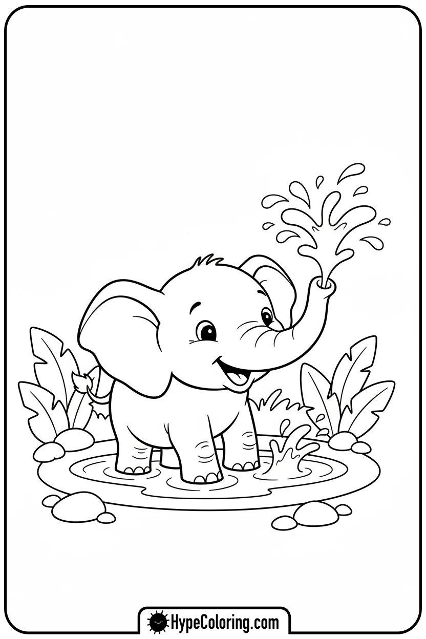 baby-elephant-splashing - adorable animal coloring pages