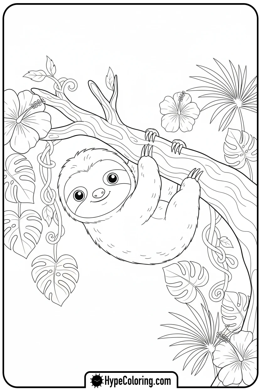 baby-sloth-hanging-on-branch - adorable animal coloring pages